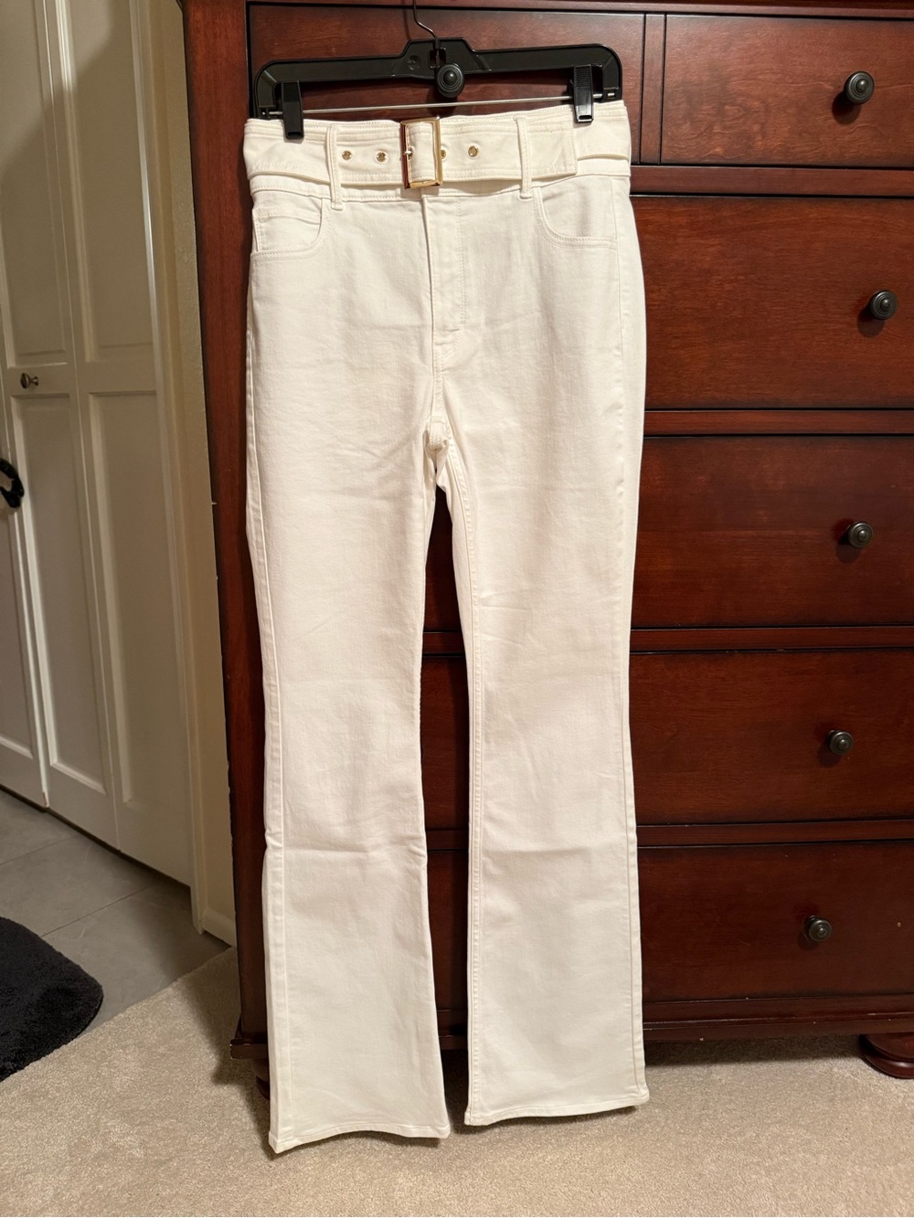 White House Black Market Cream High-Waist Flare Jeans with Belt